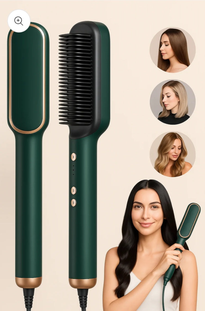 Stylish Hair Straightener Brush – Quick & Smooth Styling (Green-Gold)