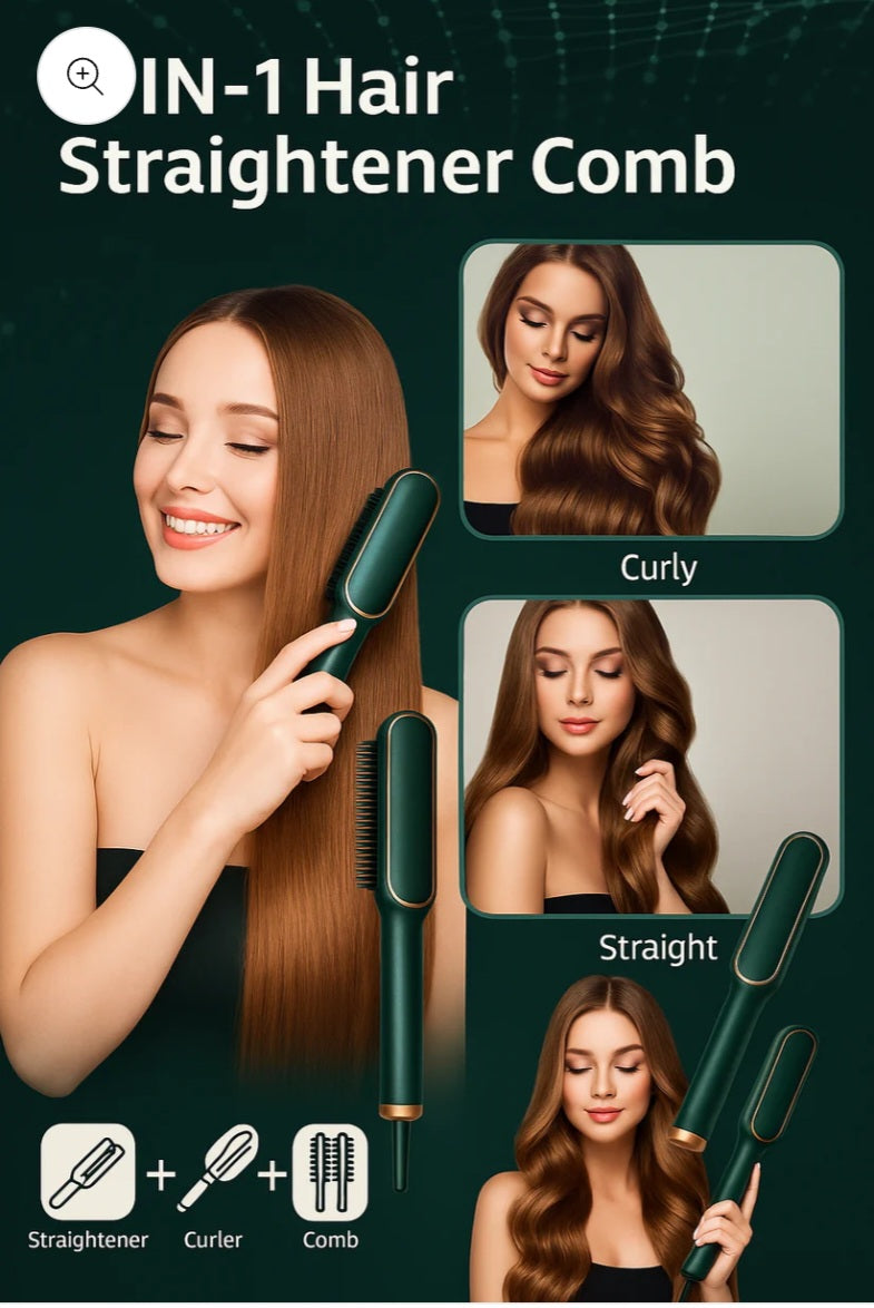 Stylish Hair Straightener Brush – Quick & Smooth Styling (Green-Gold)